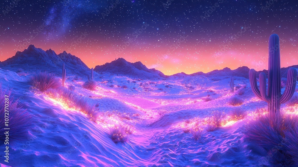 A neon desert with bioluminescent dunes and holographic cacti under a starry digital sky. The soft glow of the sand creates a surreal and peaceful atmosphere. A mystical, tranquil landscape A neon desert with bioluminescent dunes and holographic cacti under a starry digital sky. The soft glow of the sand creates a surreal and peaceful atmosphere. A mystical, tranquil landscape