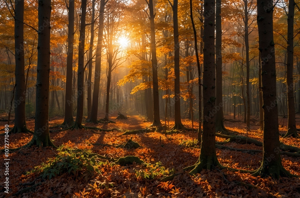 Obraz premium A golden sunrise in autumn forest