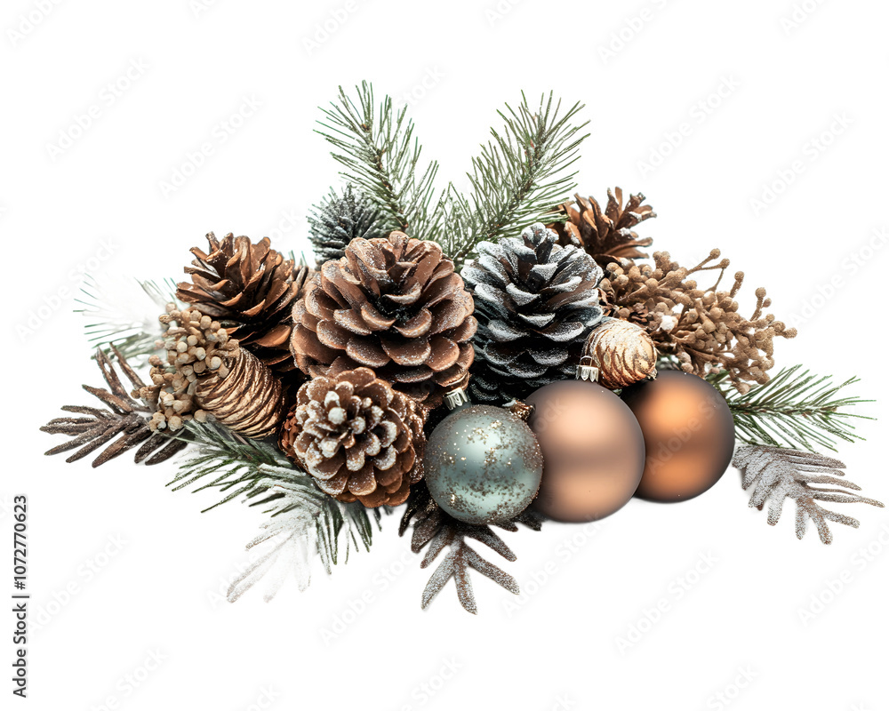 A festive arrangement of pinecones and ornaments, perfect for holiday decorations and winter celebrations. A festive arrangement of pinecones and ornaments, perfect for holiday decorations and winter celebrations.