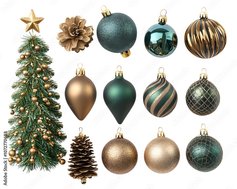 A festive arrangement featuring a decorated Christmas tree and a variety of beautiful ornaments in gold and green, ideal for holiday celebrations and seasonal decor. A festive arrangement featuring a decorated Christmas tree and a variety of beautiful ornaments in gold and green, ideal for holiday celebrations and seasonal decor.