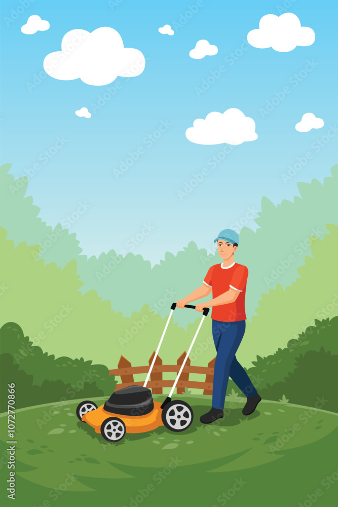 Man Mowing the Lawn and Gardening Yard Work Vector Illustration Man Mowing the Lawn and Gardening Yard Work Vector Illustration