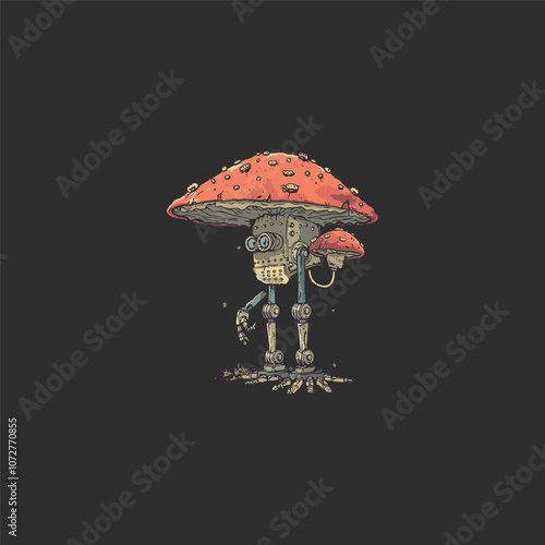 Robot mushroom logo design vector engraving vintage