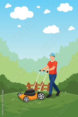 Man Mowing the Lawn and Gardening Yard Work Vector Illustration