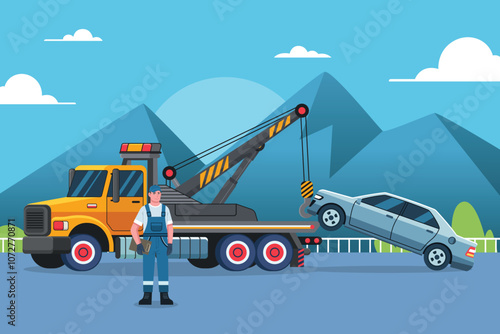 Tow Truck Driver Towing a Car Vector Illustration