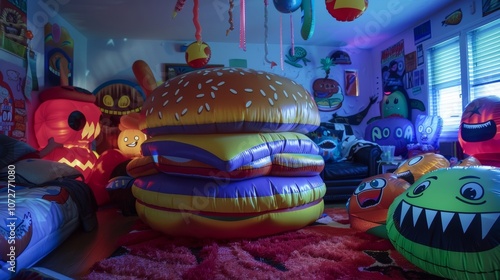 A throwback to the early 2000s this bedroom is decked out in inflatable items of all sizes from a giant inflatable hamburger to a of mini inflatable aliens. photo