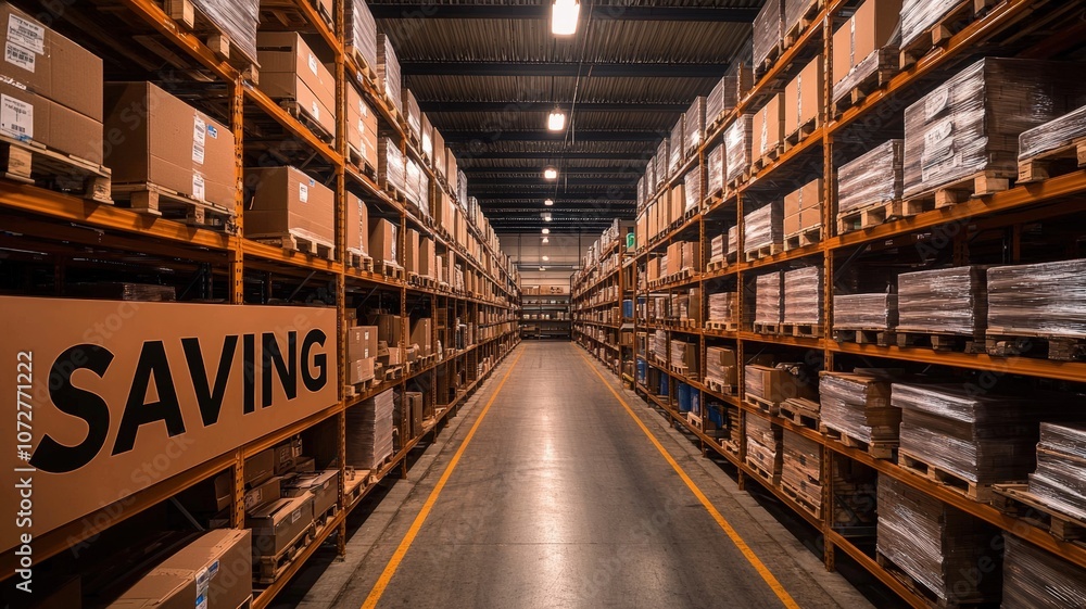 Cost saving warehouse and storage concept. A vast warehouse aisle filled with neatly stacked boxes. Cost saving warehouse and storage concept. A vast warehouse aisle filled with neatly stacked boxes.