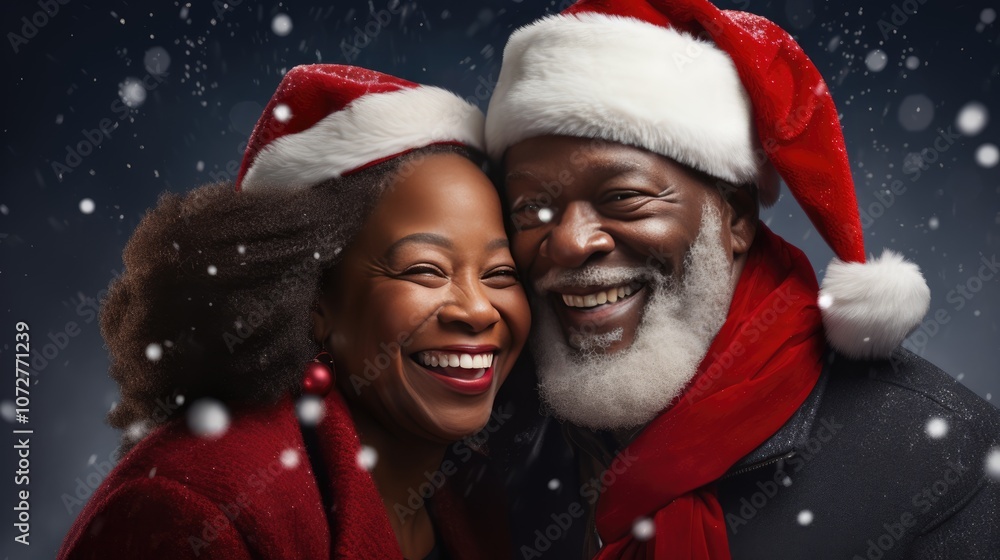 Senior African American couple smiling and wearing Santa hats, looking at camera. Family time Christmas celebration. Senior African American couple smiling and wearing Santa hats, looking at camera. Family time Christmas celebration.