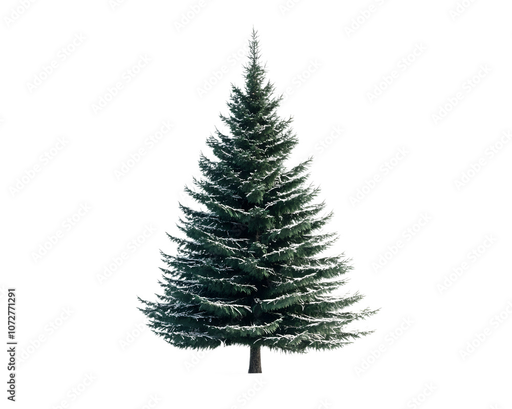 Obraz premium A beautiful evergreen tree with lush green foliage and snow accents, set against a pristine white background, perfect for winter themes and seasonal decorations.