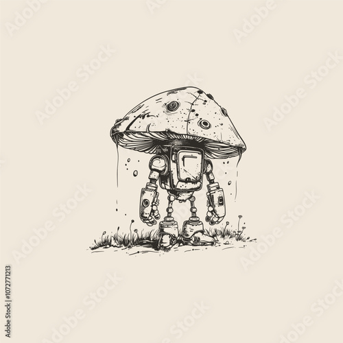 Robot mushroom logo design vector engraving vintage