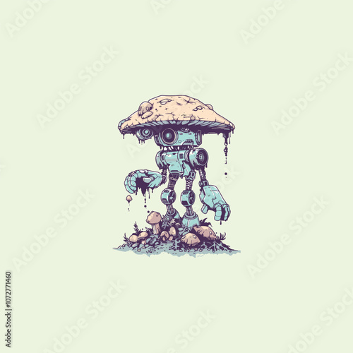 Robot mushroom logo design vector engraving vintage