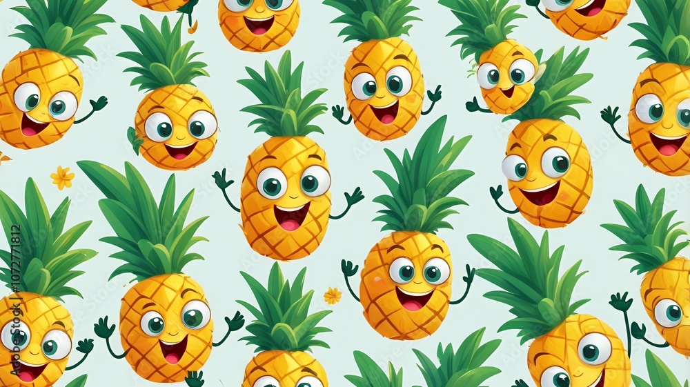 Obraz premium A charming pineapple character with friendly facial features in different action poses: 