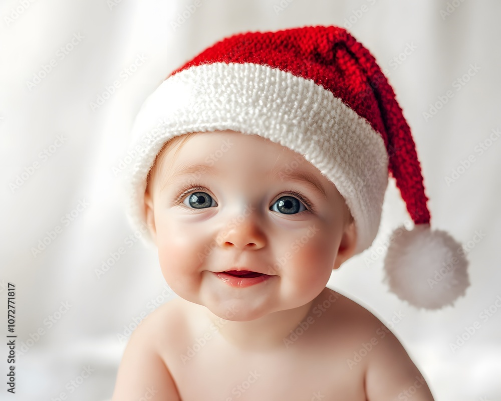 A joyful baby wearing a festive red and white Santa hat, showcasing an adorable smile against a soft white background. A joyful baby wearing a festive red and white Santa hat, showcasing an adorable smile against a soft white background.
