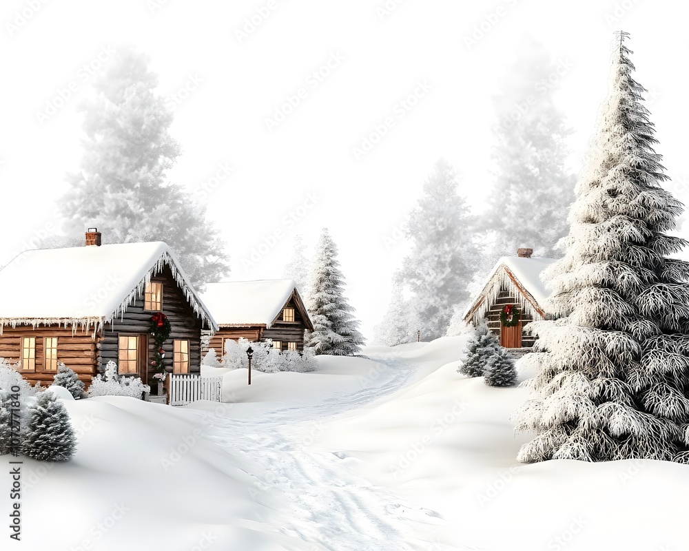 A serene winter landscape featuring cozy cabins surrounded by snow-covered trees, creating a tranquil and picturesque scene. A serene winter landscape featuring cozy cabins surrounded by snow-covered trees, creating a tranquil and picturesque scene.