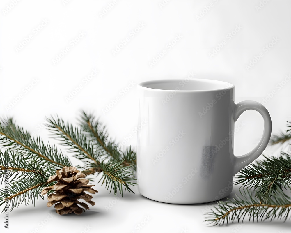 A minimalist white mug placed beside pine branches and a pine cone, perfect for cozy winter or holiday-themed projects. A minimalist white mug placed beside pine branches and a pine cone, perfect for cozy winter or holiday-themed projects.