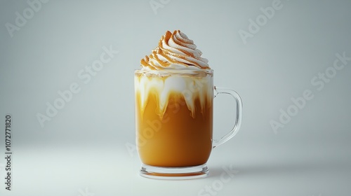 artisanal pumpkin spice latte in a clear glass mug topped with whipped cream: photo