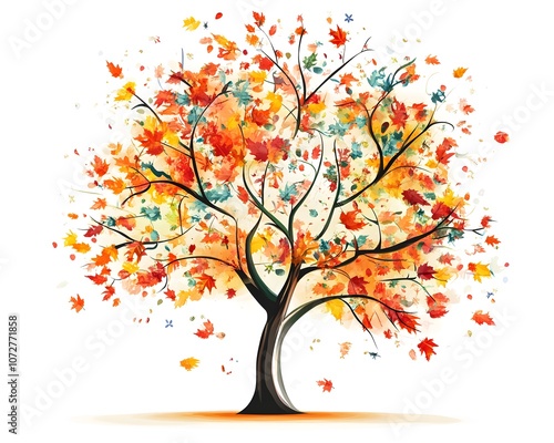 A vibrant watercolor tree showcasing autumn leaves in shades of red, orange, and yellow, creating a beautiful fall scene against a white background.