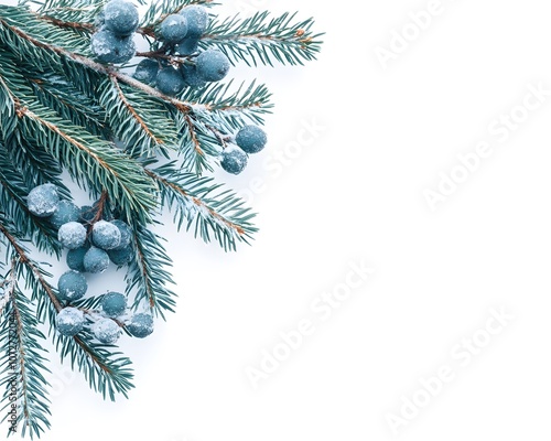 Stylish pine branches adorned with blue berries create a fresh, seasonal look against a clean background.