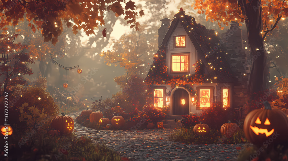 A whimsical halloween scene featuring a cozy house adorned with glowing pumpkins and autumn foliage. Whimsical. Illustration