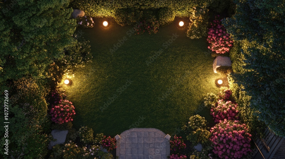Fototapeta premium Overhead view of a classic front yard lawn bordered by rose bushes and decorative garden lights.