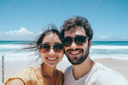 A happy couple enjoying a sunny beach day while taking a joyful selfie with ocean waves and blue sky in the background