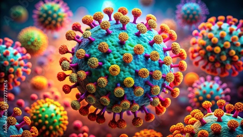 Macro Photography of a Microscopic Virus Illustrating Infectious Disease and Health Concerns, Showcasing Detailed Structures and Vibrant Colors for Educational and Awareness Purposes