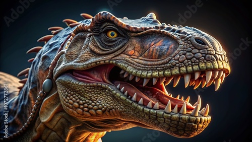 Macro Photography of a Tyrannosaurus Rex on a Dark Background, Capturing the Intricate Details of its Scales, Teeth, and Eyes for a Stunning Visual Experience