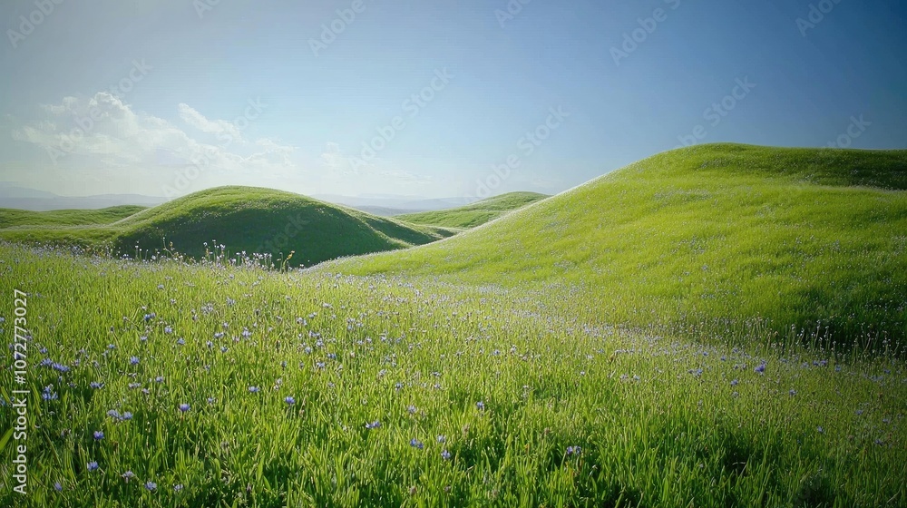 Obraz premium Rolling hills of a grass field with patches of wildflowers, stretching toward a clear, blue sky.