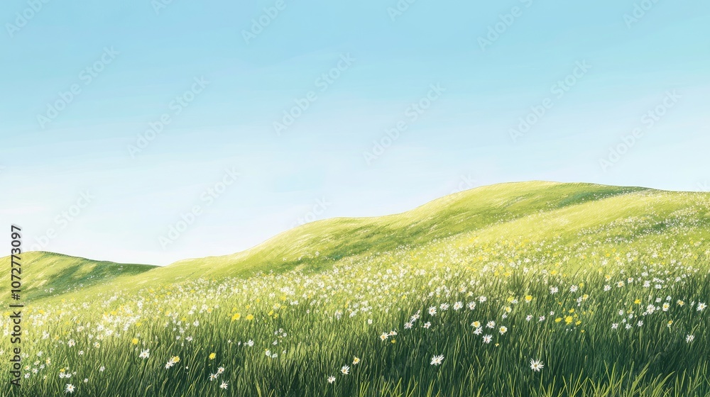 Obraz premium Rolling hills of a grass field with patches of wildflowers, stretching toward a clear, blue sky.