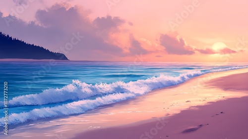 Ocean Waves Crashing on a Sandy Beach at Sunset