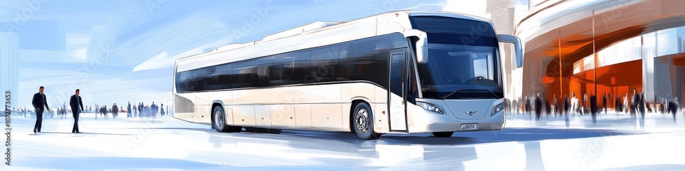 Modern bus waiting at a bus terminal with passengers and city buildings in the background on a bright clear day Modern bus waiting at a bus terminal with passengers and city buildings in the background on a bright clear day