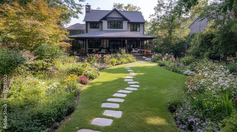 Top view of a lush front lawn with garden stepping stones leading to the front porch, bordered by flowers. Top view of a lush front lawn with garden stepping stones leading to the front porch, bordered by flowers.