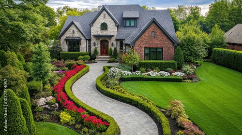 Top view of a neatly landscaped front lawn with hedges, flowers, and a curved stone path leading to the entrance.