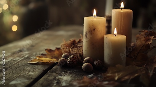 Three Burning Candles on Wooden Table with Autumn Leaves and Nuts