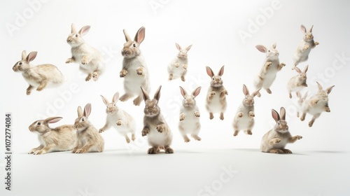 Adorable fluffy rabbits with perky ears hopping on white background photo