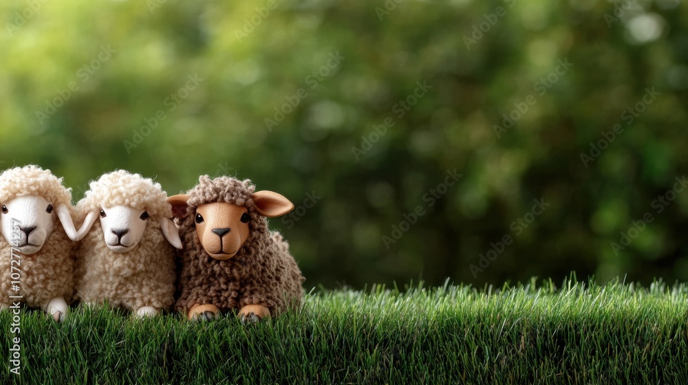 Falkland islands sheep dog trials with plush sheep figurines on grass Falkland islands sheep dog trials with plush sheep figurines on grass