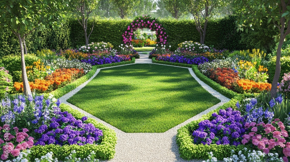 Fototapeta premium Top view of a well-maintained front lawn with geometric garden design and a colorful flower border.