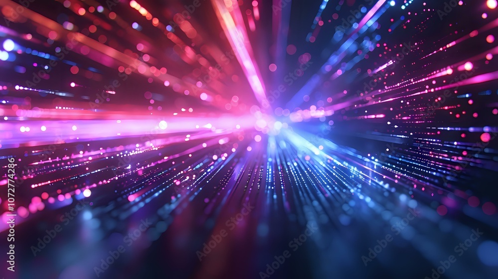 Fototapeta premium Dynamic light tunnel with glowing blue and pink particles streaming through space, perfect for technology, innovation, and future concept designs.