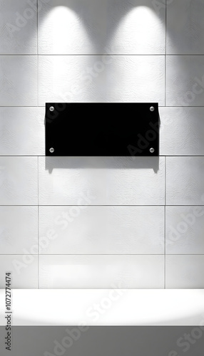 Blank black glass signplate on textured wall mockup isolated with white highlights, png photo