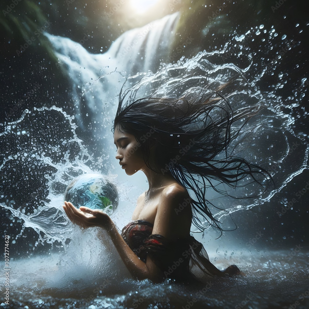 Fototapeta premium Freeze the Moment Young Woman and Water Splash in Harmony 