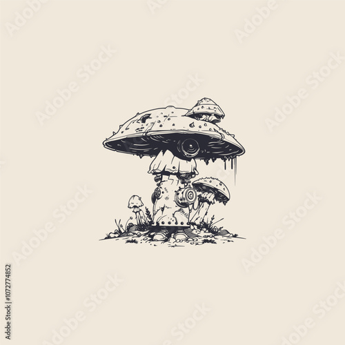 Robot mushroom logo design vector engraving vintage