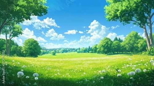 Wide open field with soft green grass, bordered by trees and dotted with dandelions under a bright blue sky.