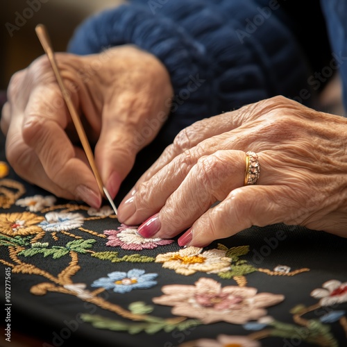 Elderly hands expertly embroidering floral patterns.