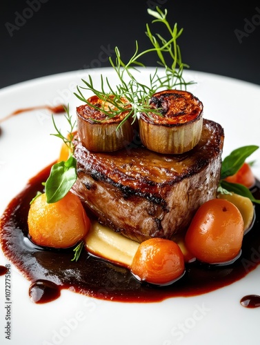 Discover the art of culinary excellence with a gourmet steak dish featuring heirloom vegetables and rich sauce photo