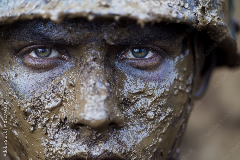 A soldier with a muddy face during training exercises in a forest environment in the early morning light A soldier with a muddy face during training exercises in a forest environment in the early morning light
