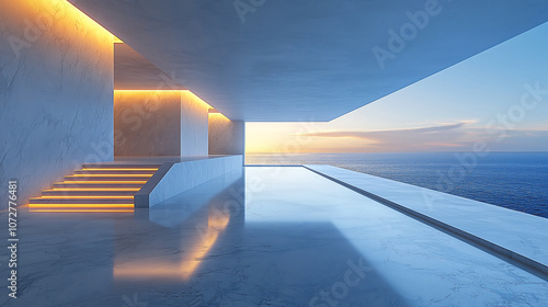 minimalist modern interior with stunning ocean views, featuring sleek marble surfaces, warm lighting, and tranquil atmosphere. Perfect for relaxation and inspiration