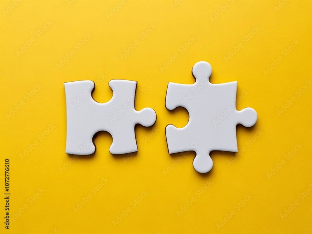 Top view two small piece of white jigsaw puzzle isolated on a yellow background with copy space.