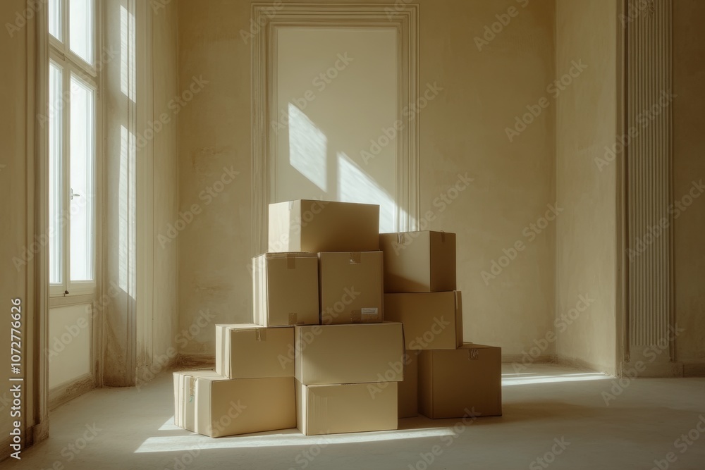 Packed cardboard boxes stacked in a vacant beige apartment room with a window, capturing a moment of transition Packed cardboard boxes stacked in a vacant beige apartment room with a window, capturing a moment of transition