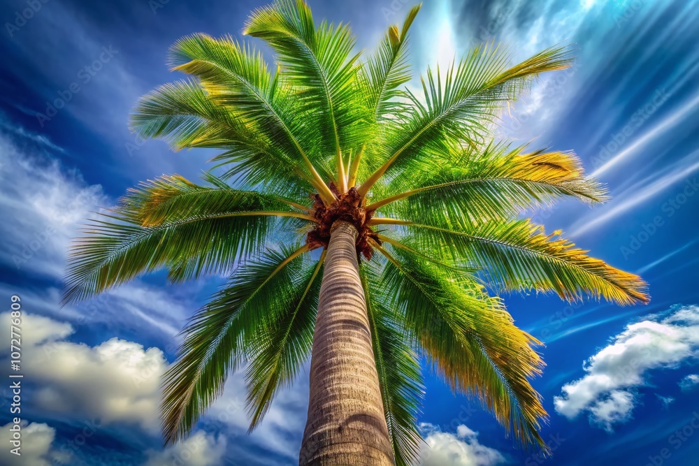 Naklejka premium Majestic Long Exposure of a Tall Palm Tree with Lush Green Branches Swaying Against a Clear Blue Sky, Capturing Nature's Beauty in Motion and Serenity