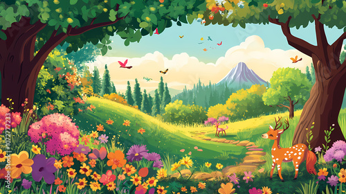Colorful forest scene featuring whimsical animals and vibrant flora in a serene landscape setting. Whimsical. Illustration