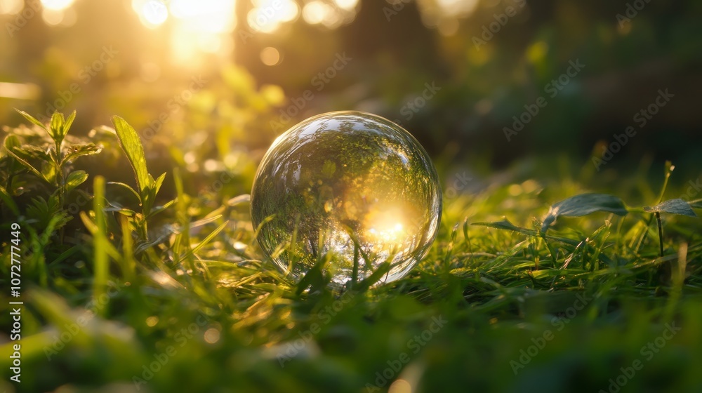 A crystal ball sits in the grass with a forest reflected in it. The sun is setting, and the light shines through the trees, creating a beautiful warm glow. A crystal ball sits in the grass with a forest reflected in it. The sun is setting, and the light shines through the trees, creating a beautiful warm glow.